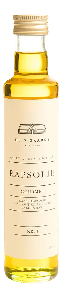 DE 5 GAARDE Dansk Kaldpresset rapsolje, Gourmet – 250 ml. v:7676769 DE 5 GAARDE Dansk Kaldpresset rapsolje, Gourmet – 250 ml. v:7676769