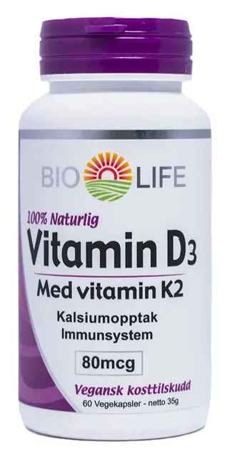 Bio-Life vitamin D3 med vitamin K2 60 kapsler v:7645309