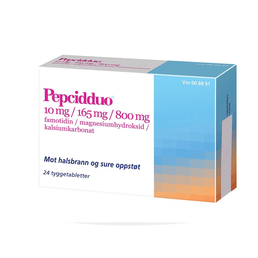 Pepcidduo Tyggetabletter 10/165/800mg – 24 tabletter v:9484220 Pepcidduo Tyggetabletter 10/165/800mg – 24 tabletter v:9484220