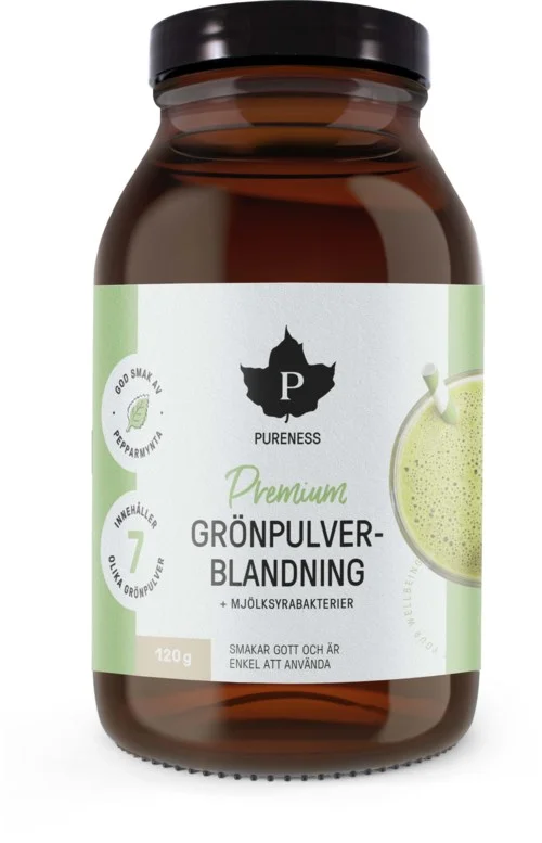 Pureness Premium Grönpulverblanding + mjölksyrabakterier 120 g v:8757311 Pureness Premium Grönpulverblanding + mjölksyrabakterier 120 g v:8757311