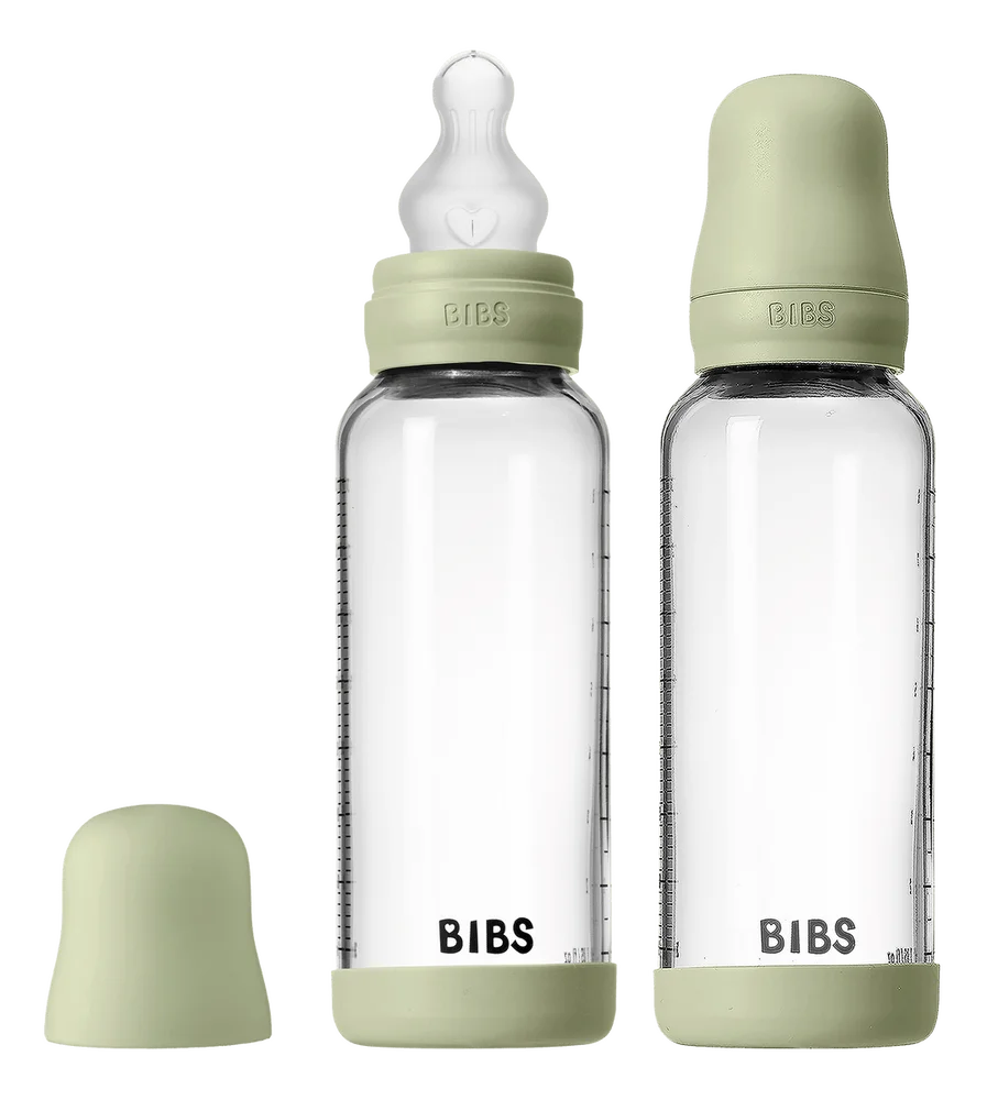 BIBS Glass Baby Bottle Round Silicone 240 ml Medium Flow Sage – 2 stk. v:2912303