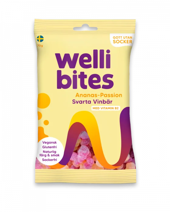 Wellibites Sukkerfritt Godteri Ananas, Pasjon & Solbær 70g v:4343507 Wellibites Sukkerfritt Godteri Ananas, Pasjon & Solbær 70g v:4343507