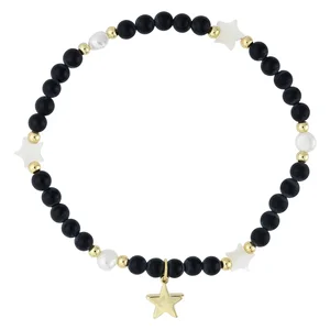 DARK Stone Bead Bracelet With Mop Star & Pearls Matte Black v:3321312